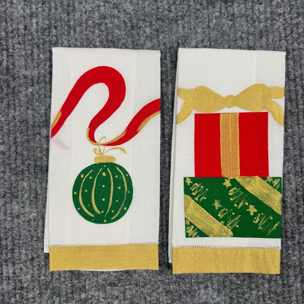 Vtg 50s 60s Hand Painted Linen Christmas Guest Towels Set of 2 MCM Holiday Decor